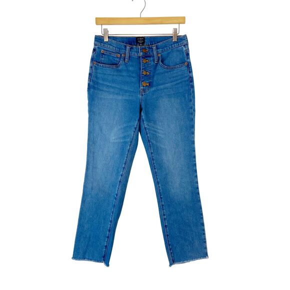 J Crew Jeans Women's 27 Blue Essential Straight Jean Button Fly Cut Off Fray Hem - Picture 1 of 8
